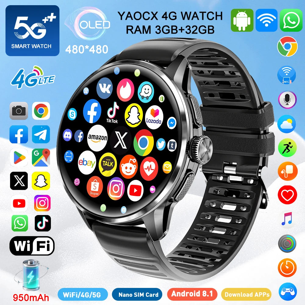 2026 4G/5G Smart Watch 1.6 inches 480*480 AMOLED Screen 950mAh Battery 200W Camera GPS Health Monitoring Bluetooth Assistant