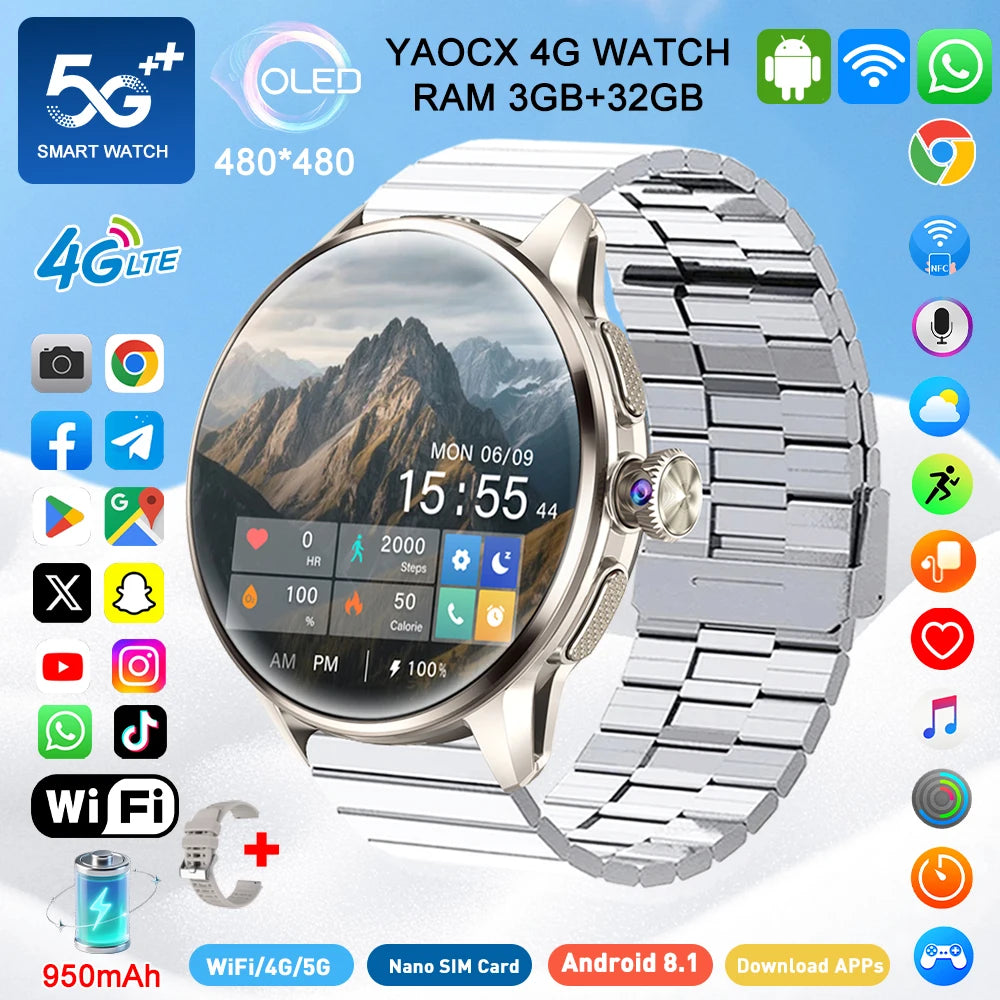 2026 4G/5G Smart Watch 1.6 inches 480*480 AMOLED Screen 950mAh Battery 200W Camera GPS Health Monitoring Bluetooth Assistant