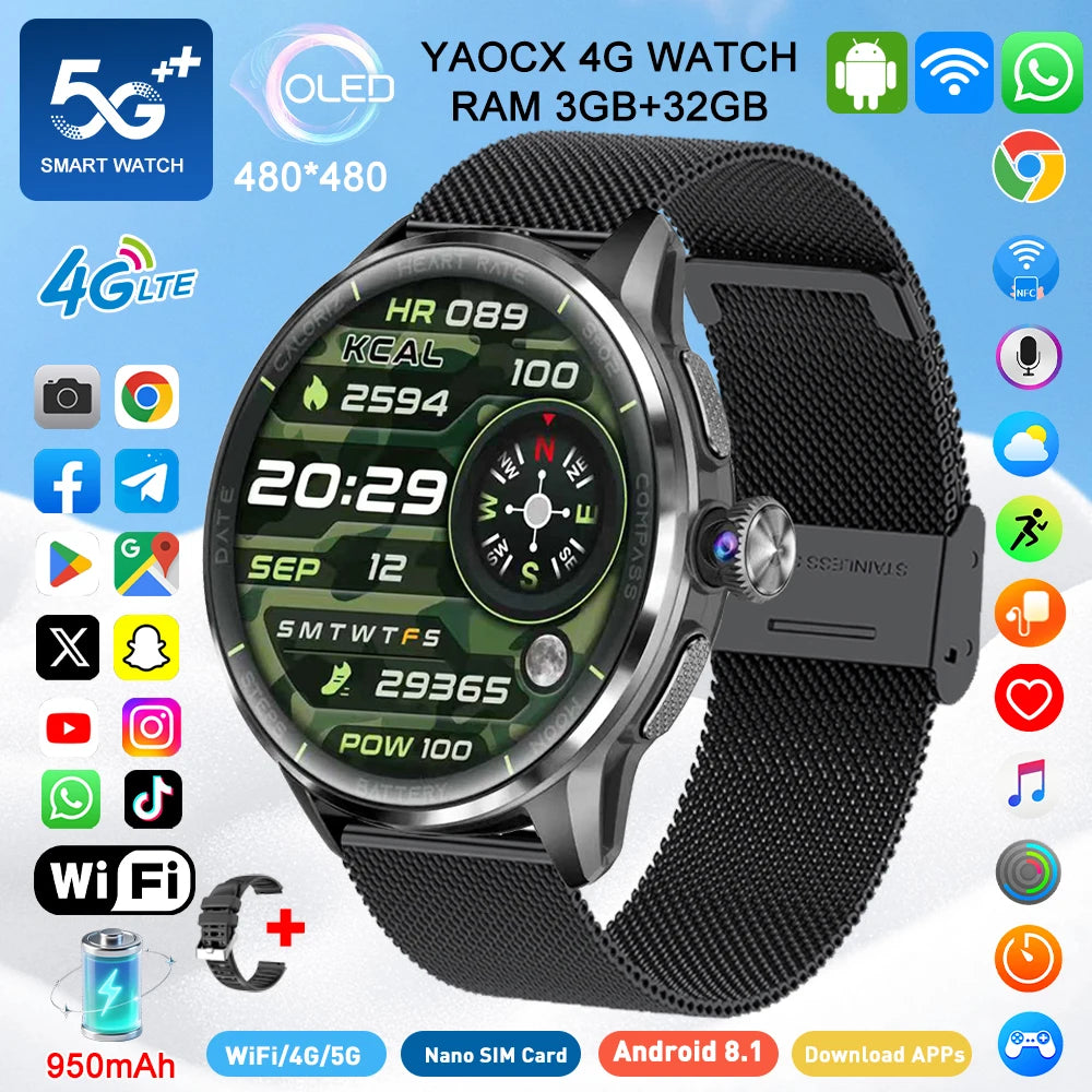 2026 4G/5G Smart Watch 1.6 inches 480*480 AMOLED Screen 950mAh Battery 200W Camera GPS Health Monitoring Bluetooth Assistant