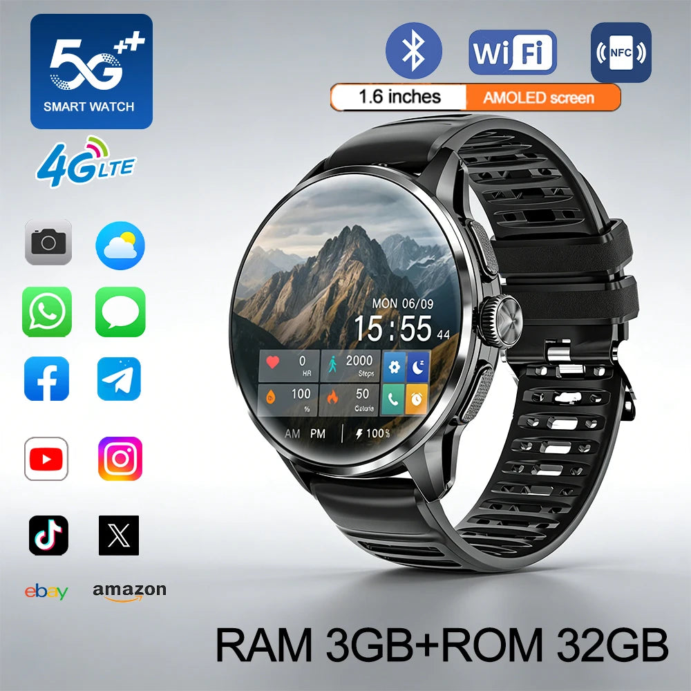 2026 4G/5G Smart Watch 1.6 inches 480*480 AMOLED Screen 950mAh Battery 200W Camera GPS Health Monitoring Bluetooth Assistant