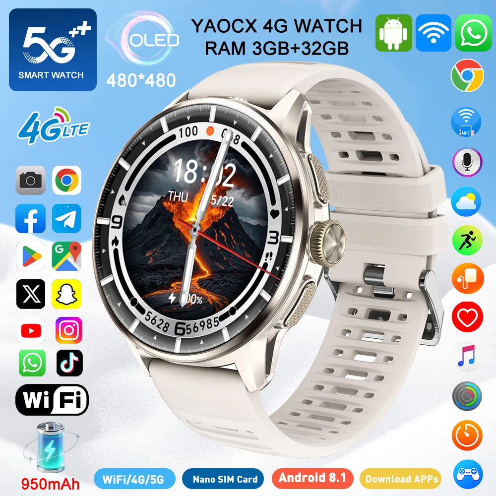 2026 4G/5G Smart Watch 1.6 inches 480*480 AMOLED Screen 950mAh Battery 200W Camera GPS Health Monitoring Bluetooth Assistant