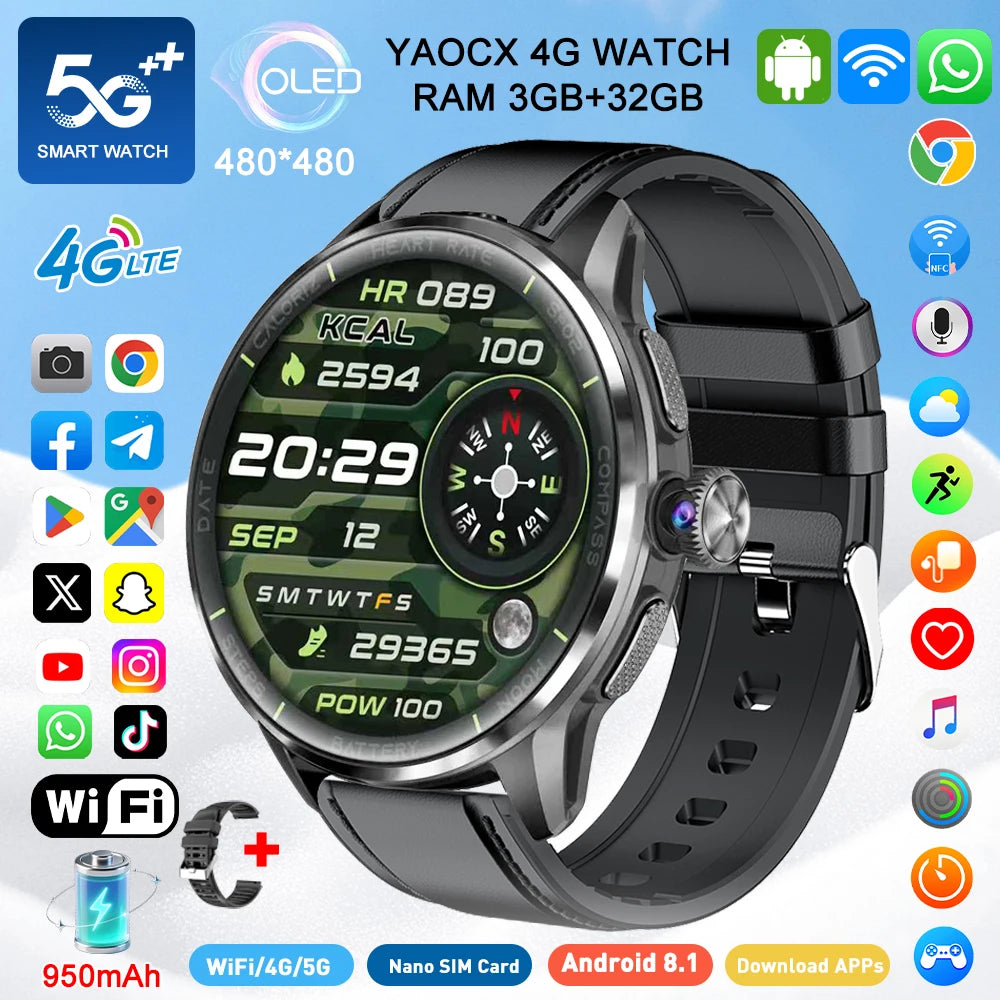 2026 4G/5G Smart Watch 1.6 inches 480*480 AMOLED Screen 950mAh Battery 200W Camera GPS Health Monitoring Bluetooth Assistant