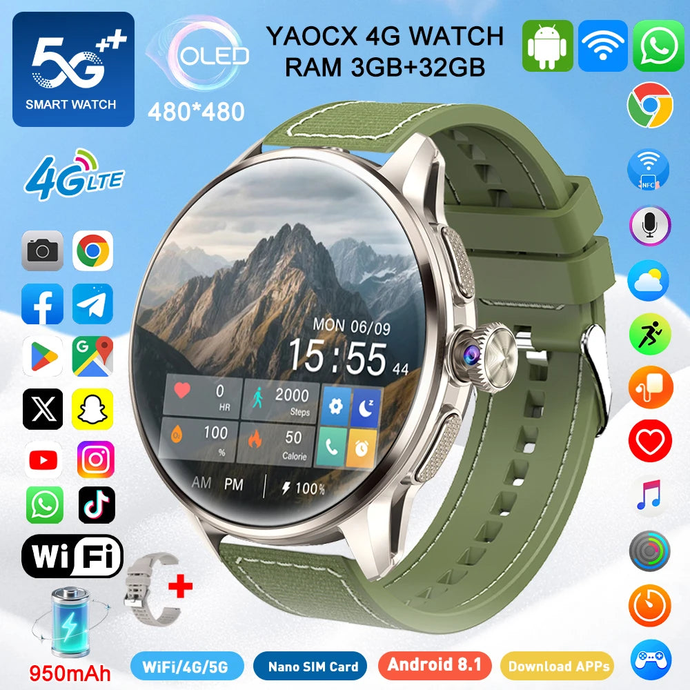 2026 4G/5G Smart Watch 1.6 inches 480*480 AMOLED Screen 950mAh Battery 200W Camera GPS Health Monitoring Bluetooth Assistant
