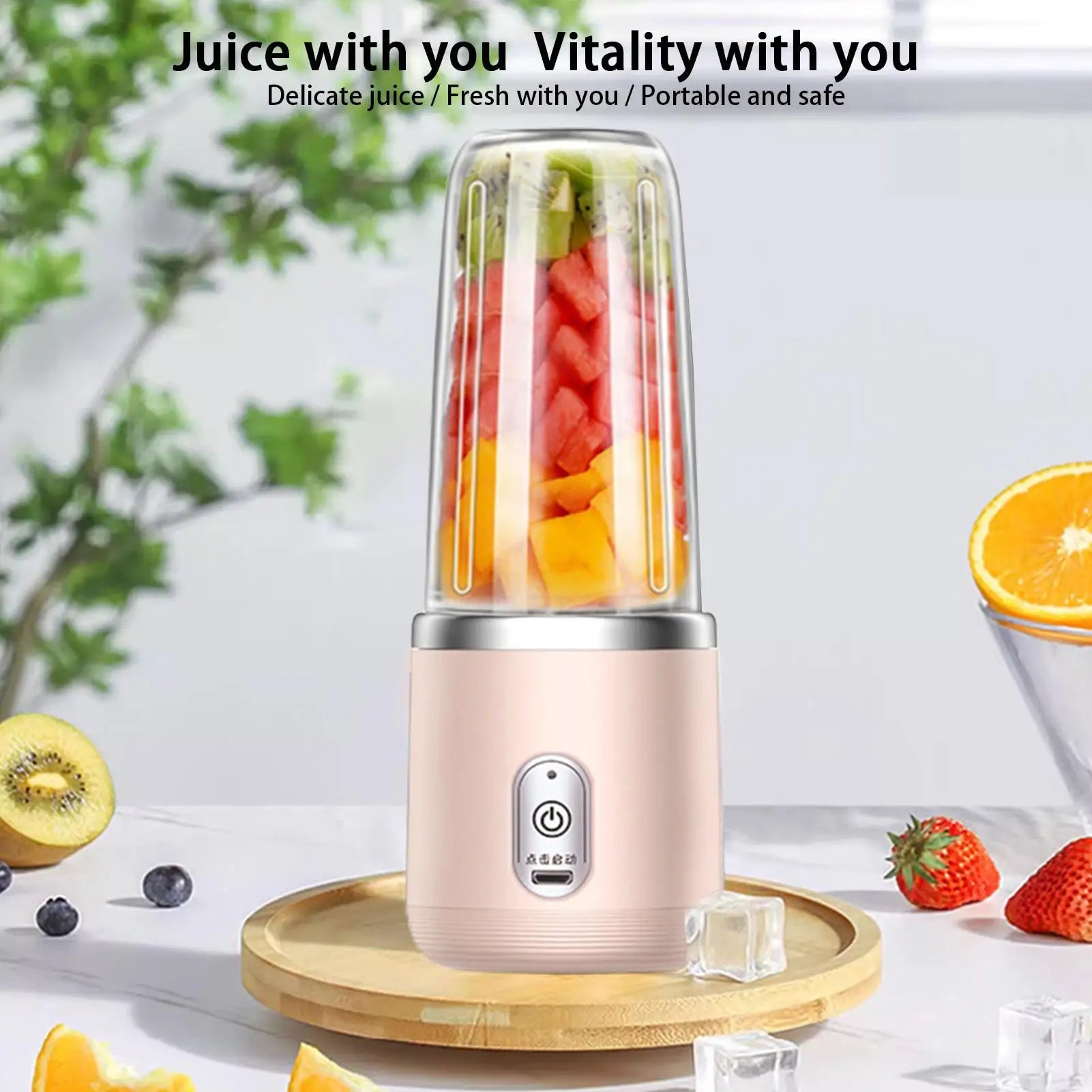 Mini portable blender for smoothies and fruit drinks on the go