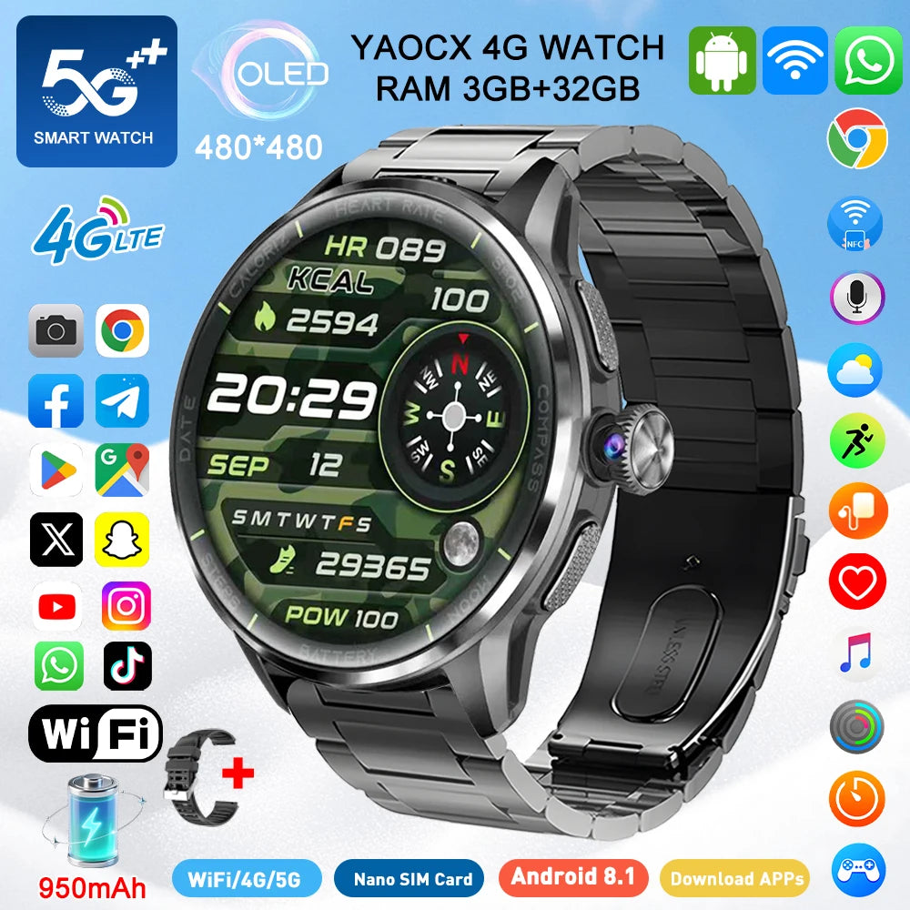2026 4G/5G Smart Watch 1.6 inches 480*480 AMOLED Screen 950mAh Battery 200W Camera GPS Health Monitoring Bluetooth Assistant
