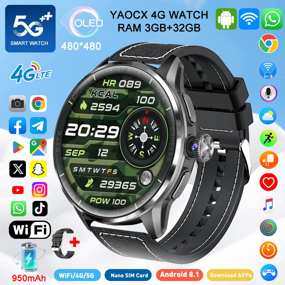 2026 4G/5G Smart Watch 1.6 inches 480*480 AMOLED Screen 950mAh Battery 200W Camera GPS Health Monitoring Bluetooth Assistant