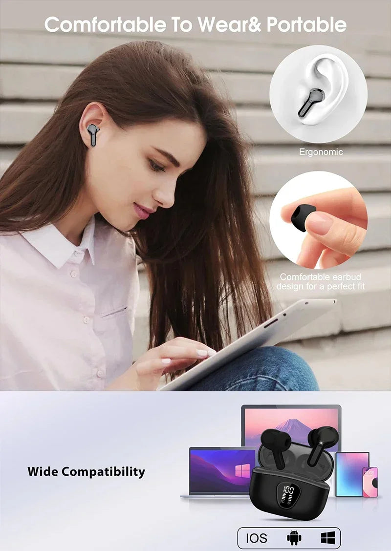 Wireless Ear Buds BT5.4 with LED Display IP7 Earphones HiFi Stereo Earbuds ENC Noise Cancelling Headphones with 48H Play Time