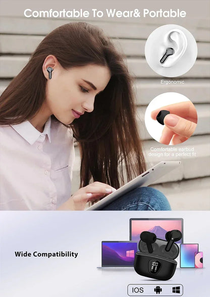 Wireless Ear Buds BT5.4 with LED Display IP7 Earphones HiFi Stereo Earbuds ENC Noise Cancelling Headphones with 48H Play Time