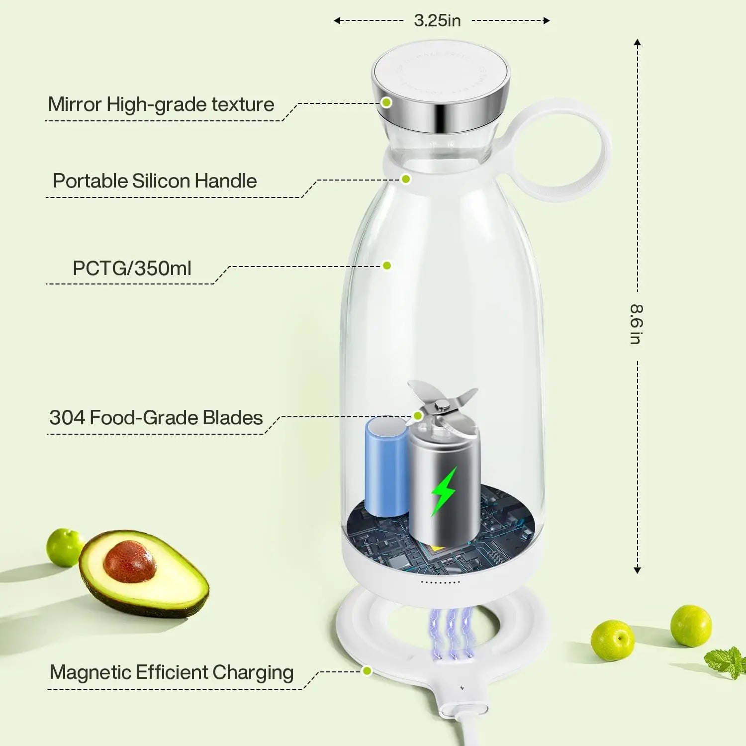 Portable Blender 11.8 Oz 350ml White 214B Model Food-grade PC + ABS Magnetic USB Charging 1400mAh 7.4V 490g 82*82*218mm with 1 - THE ULTIMATE ALL IN ONE