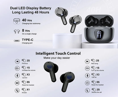 Wireless Ear Buds BT5.4 with LED Display IP7 Earphones HiFi Stereo Earbuds ENC Noise Cancelling Headphones with 48H Play Time